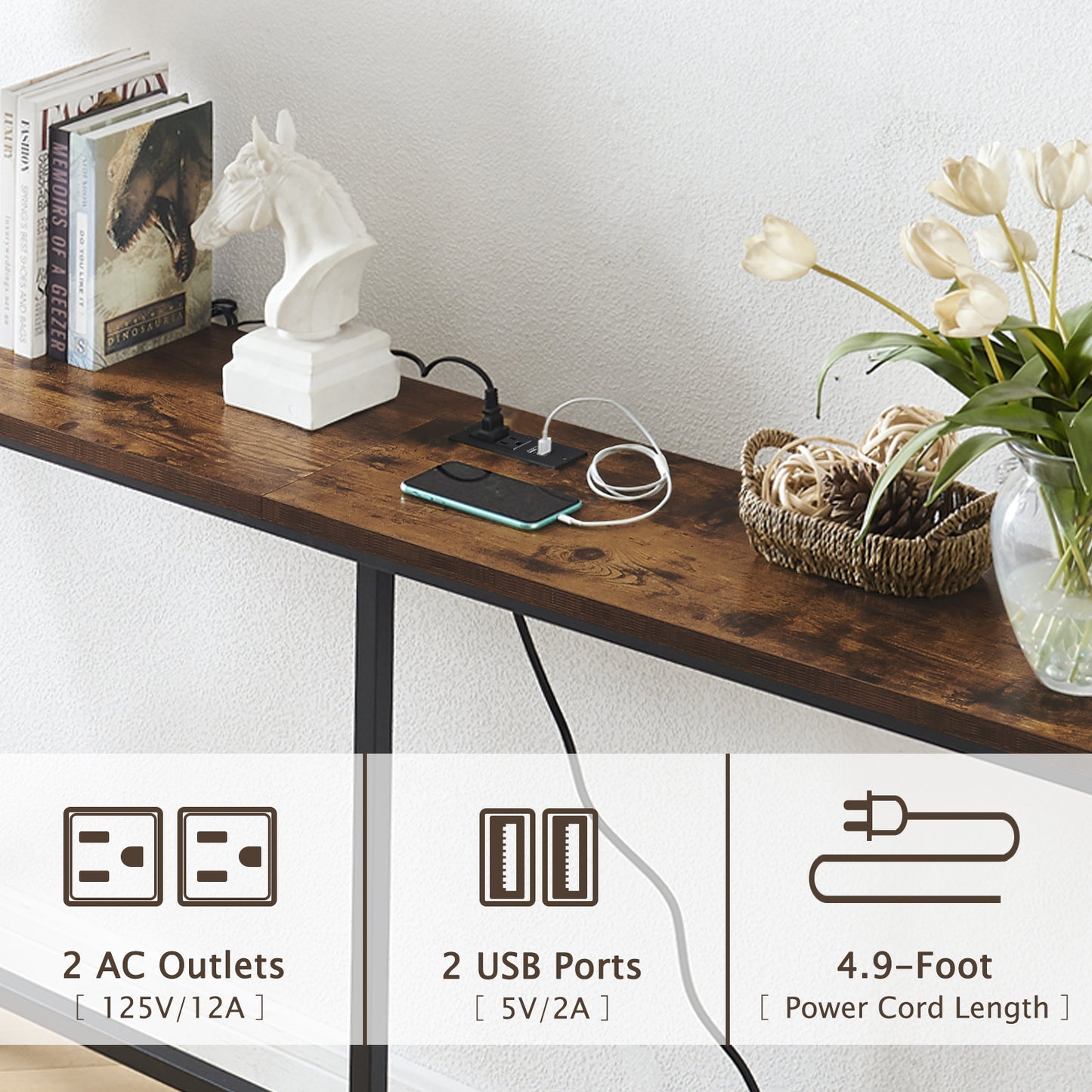 SUPERJARE 70.9 Inch Console Table with 2 Outlet and 2 USB Ports - Rustic Brown, 7922FC