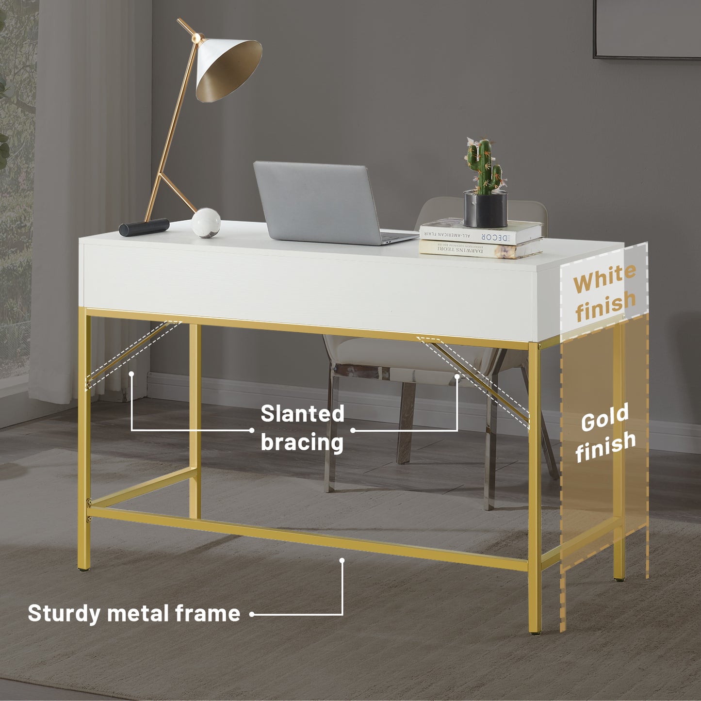 SUPERJARE Computer Desk with 2 Drawers, White and Gold - 7923G