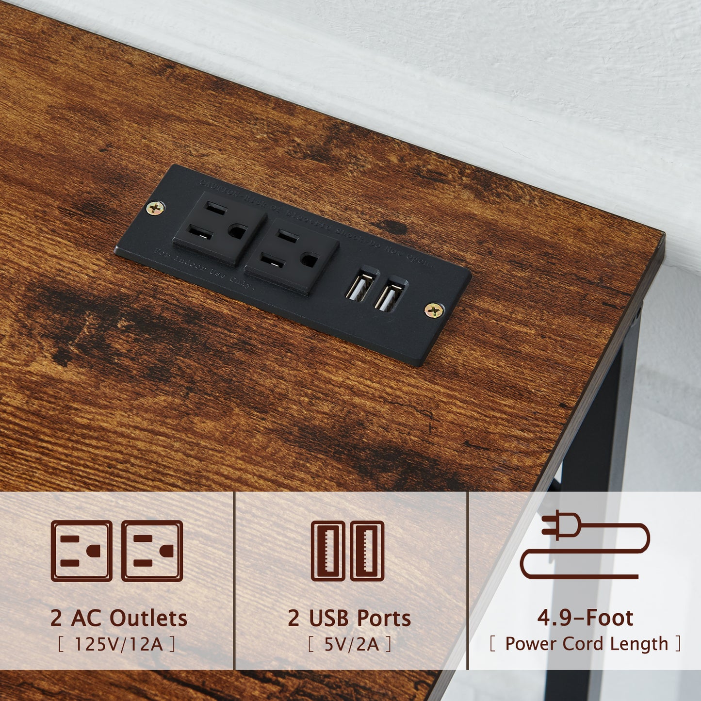 SUPERJARE Console Table with Power Outlets & USB Ports - Rustic Brown, 7925FC