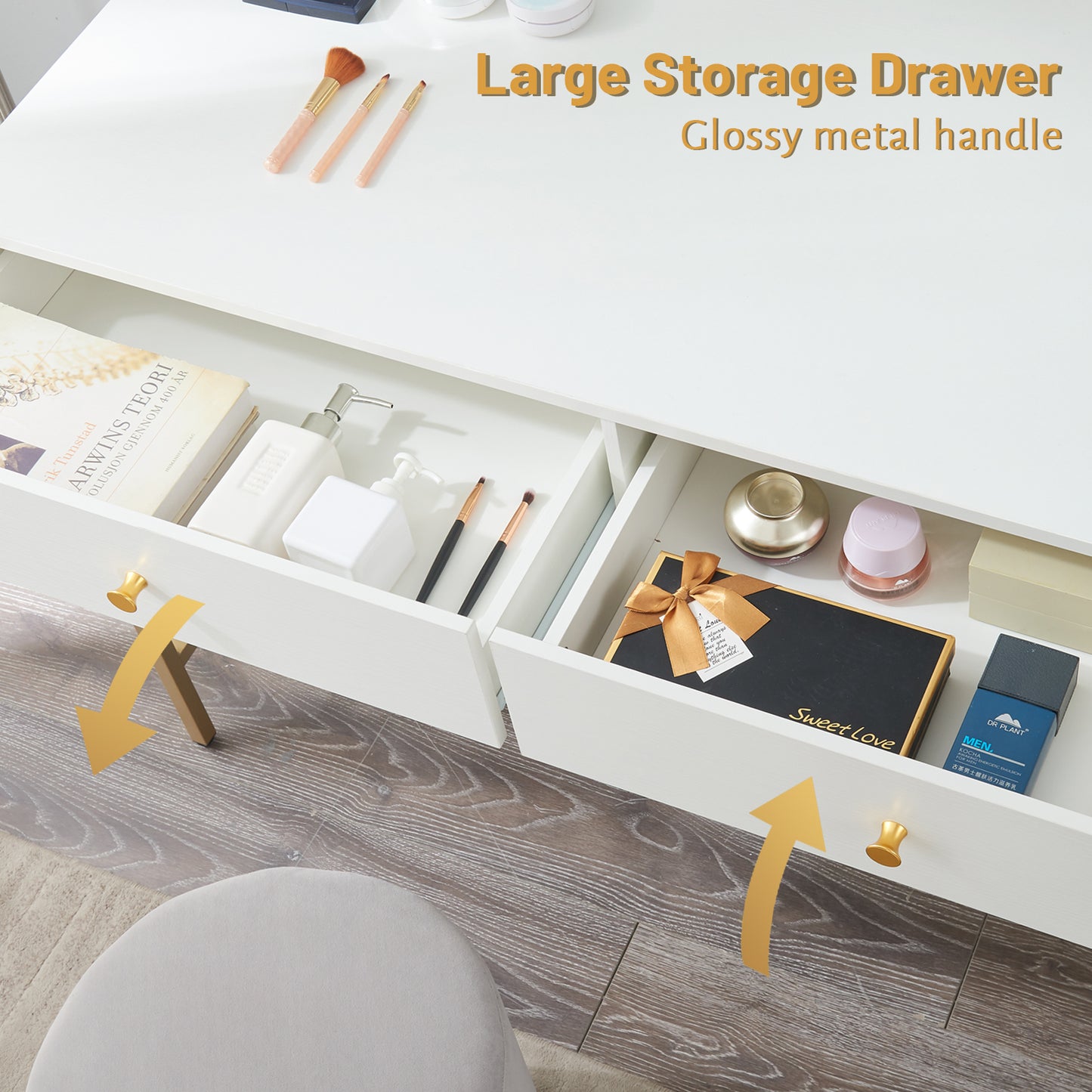SUPERJARE Computer Desk with 2 Drawers, White and Gold - 7923G