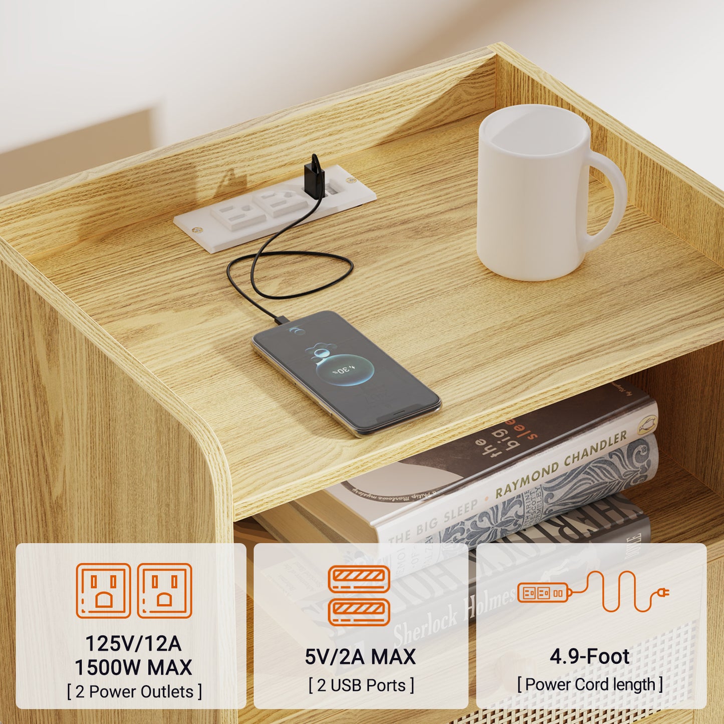 SUPERJARE Nightstand with Charging Station & Rattan-Like Decor Drawer, Solid Wood Feet - Teak, 8621TC