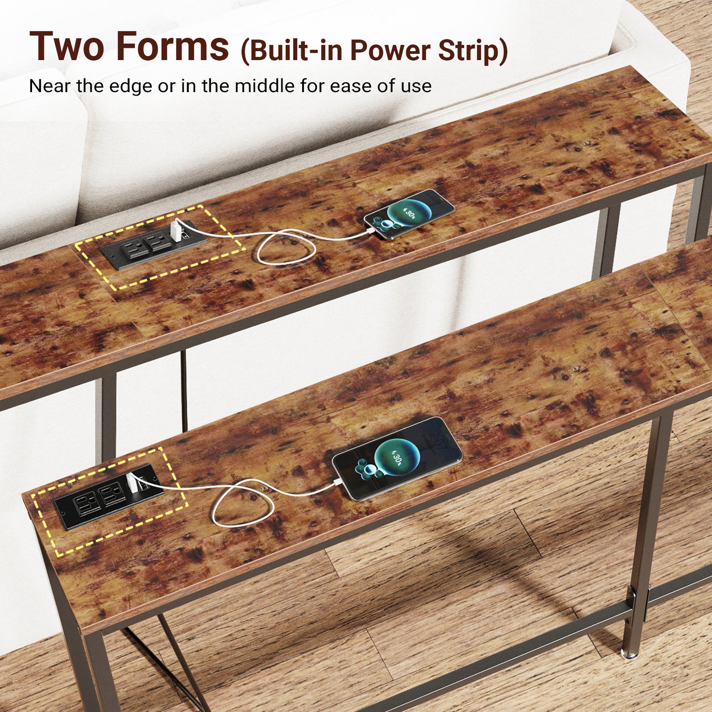 SUPERJARE 63’’ Narrow Console Table with 2 Power Outlets and 2 USB Ports - Vintage Brown, 7928FC