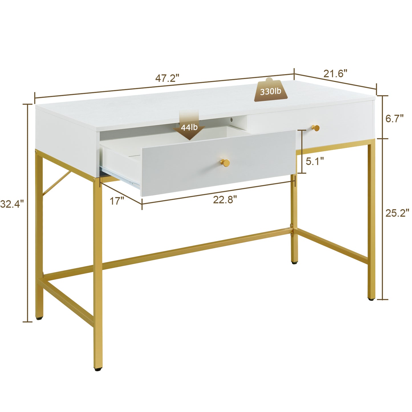 SUPERJARE Computer Desk with 2 Drawers, White and Gold - 7923G