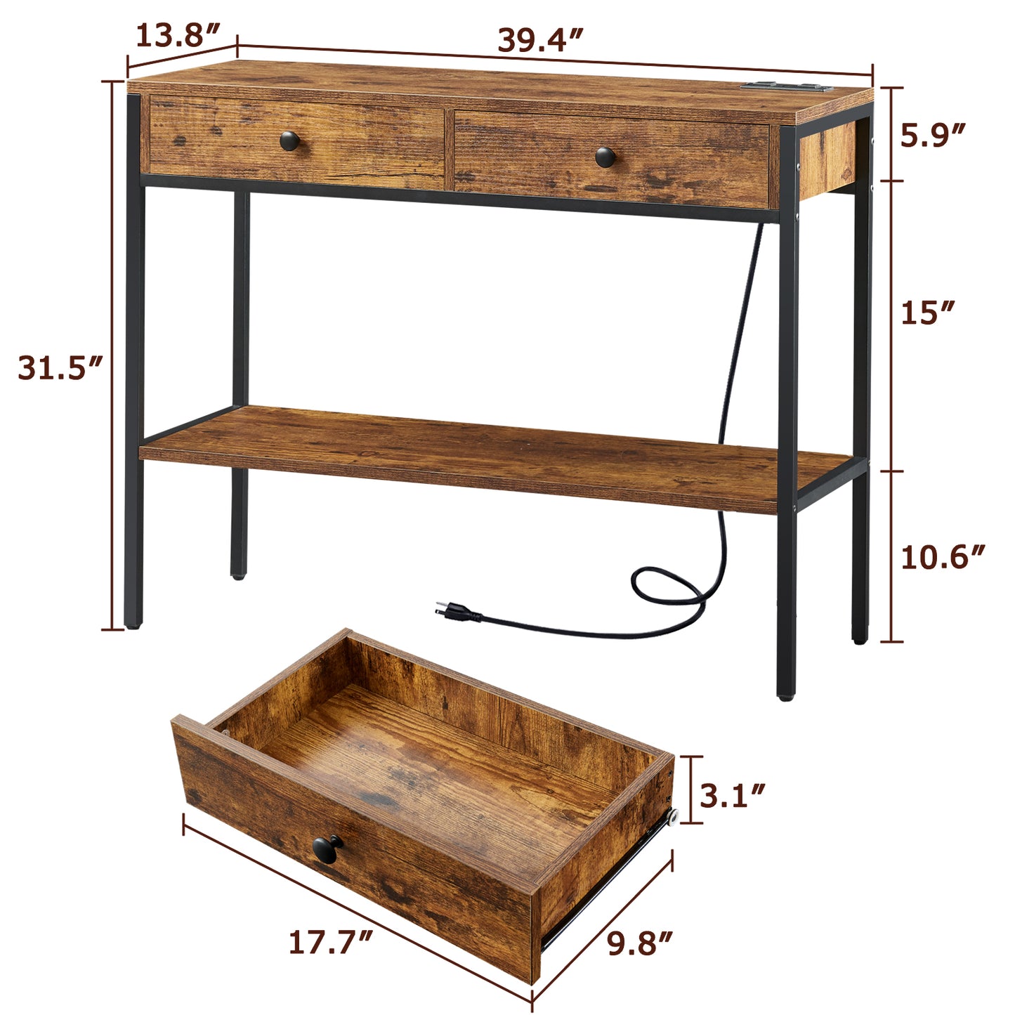 SUPERJARE Console Table with Power Outlet and USB Ports - Rustic Brown,7926FC