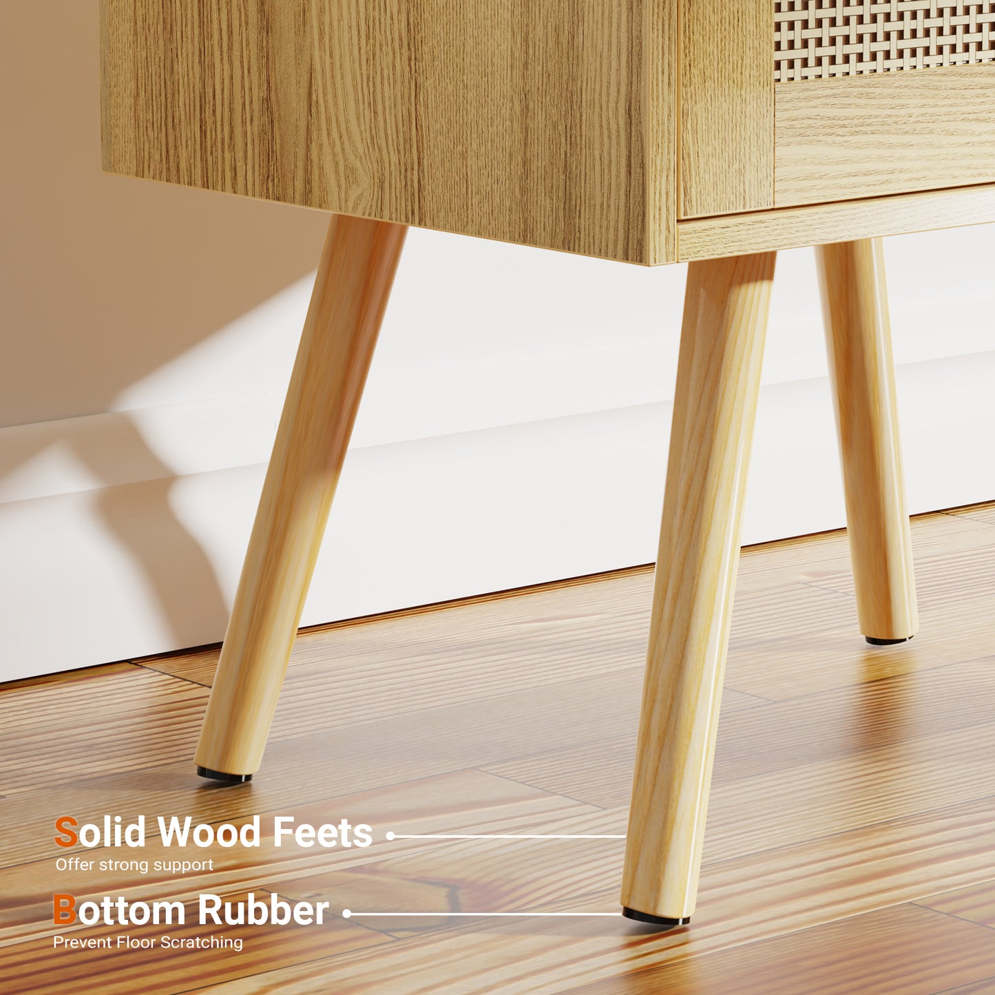 SUPERJAER Nightstands Set of 2, Rattan Nightstands with Charging Station & Rattan-Like Decor Drawer, Solid Wood Legs - Teak, 8622TC