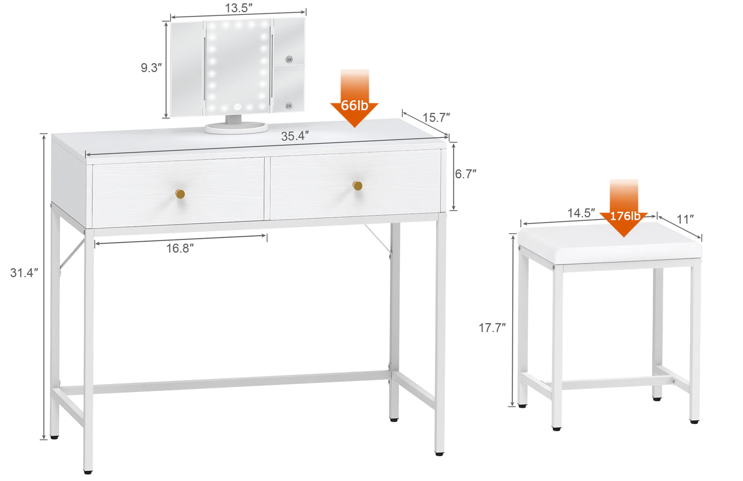 SUPERJARE Vanity Desk, Makeup Vanity with Stool & Tri-fold Lighted Mirror, Vanity Table Set with 2 Large Drawers - White, 7931W