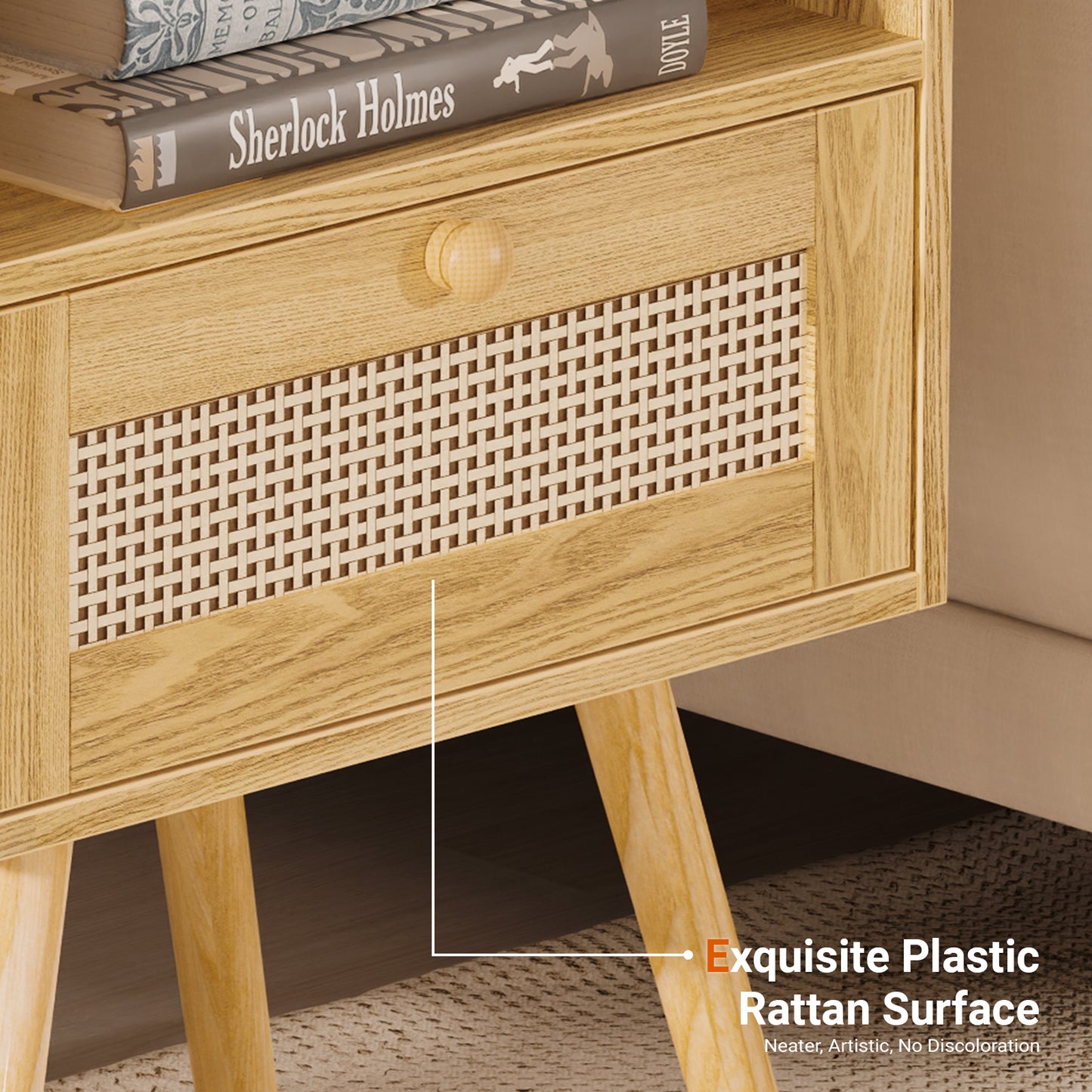 SUPERJAER Nightstands Set of 2, Rattan Nightstands with Charging Station & Rattan-Like Decor Drawer, Solid Wood Legs - Teak, 8622TC