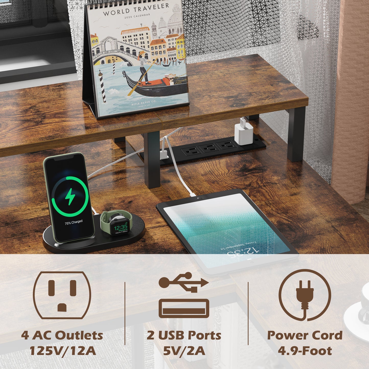 SUPERJARE L Shaped Computer Desk with Power Outlets & LED Strips, Rustic Brown, 7935ZC