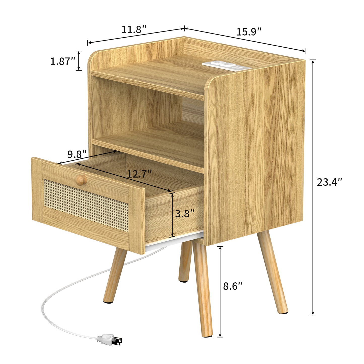 SUPERJAER Nightstands Set of 2, Rattan Nightstands with Charging Station & Rattan-Like Decor Drawer, Solid Wood Legs - Teak, 8622TC