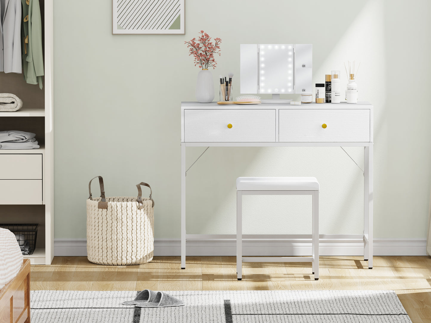 SUPERJARE Vanity Desk, Makeup Vanity with Stool & Tri-fold Lighted Mirror, Vanity Table Set with 2 Large Drawers - White, 7931W