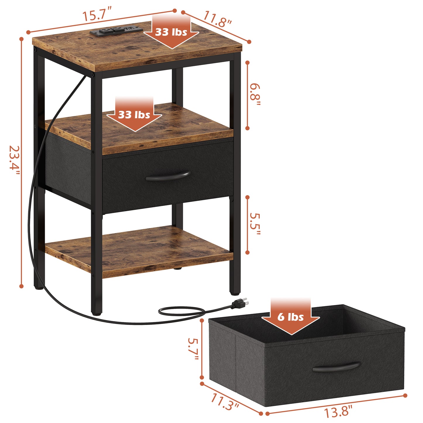 SUPERJARE Nightstands Set of 2, Charging Station, Adjustable Fabric Drawer, Vintage Brown 8630ZC