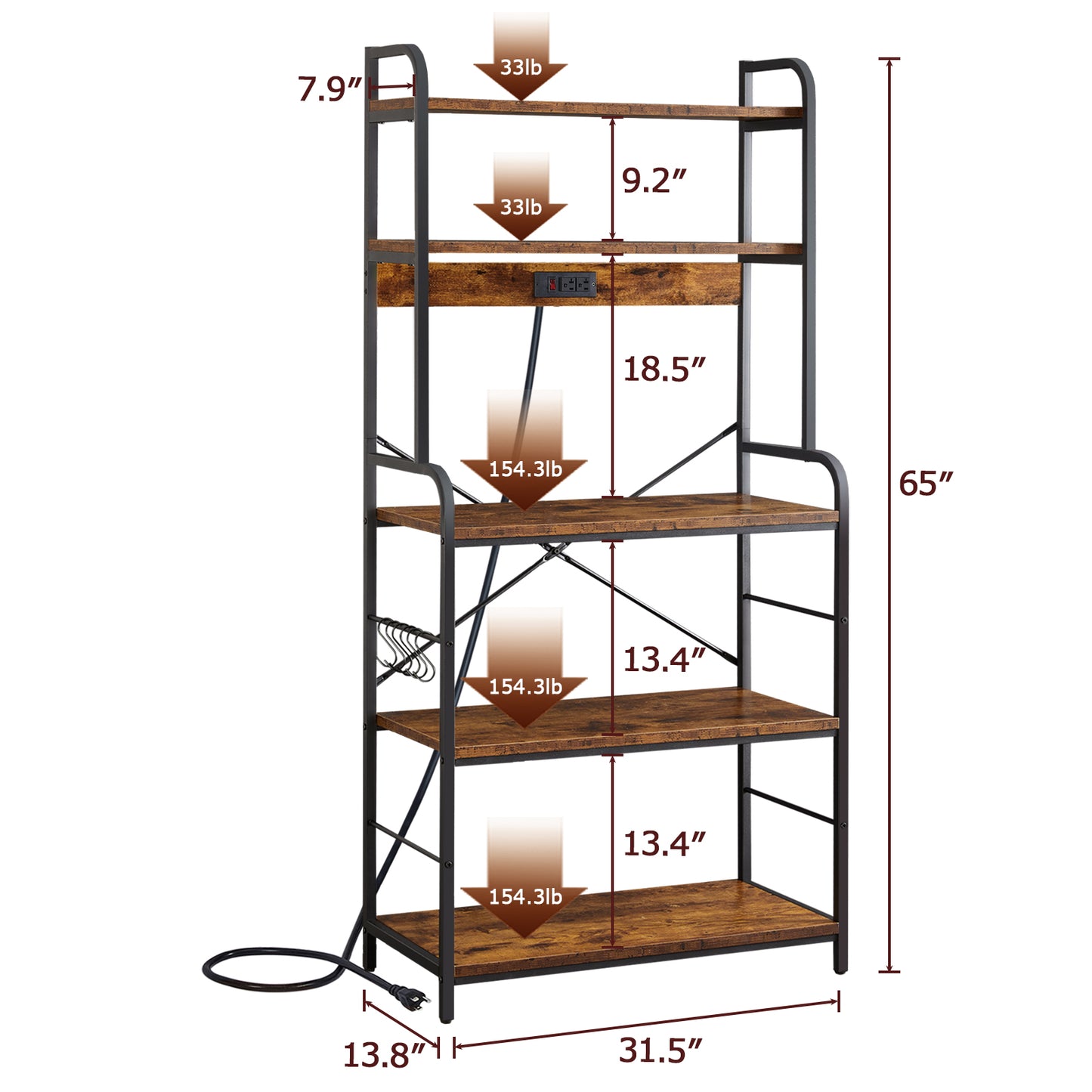 SUPERJARE Kitchen Bakers Rack with Power Outlet - Rustic Brown, 80922FC