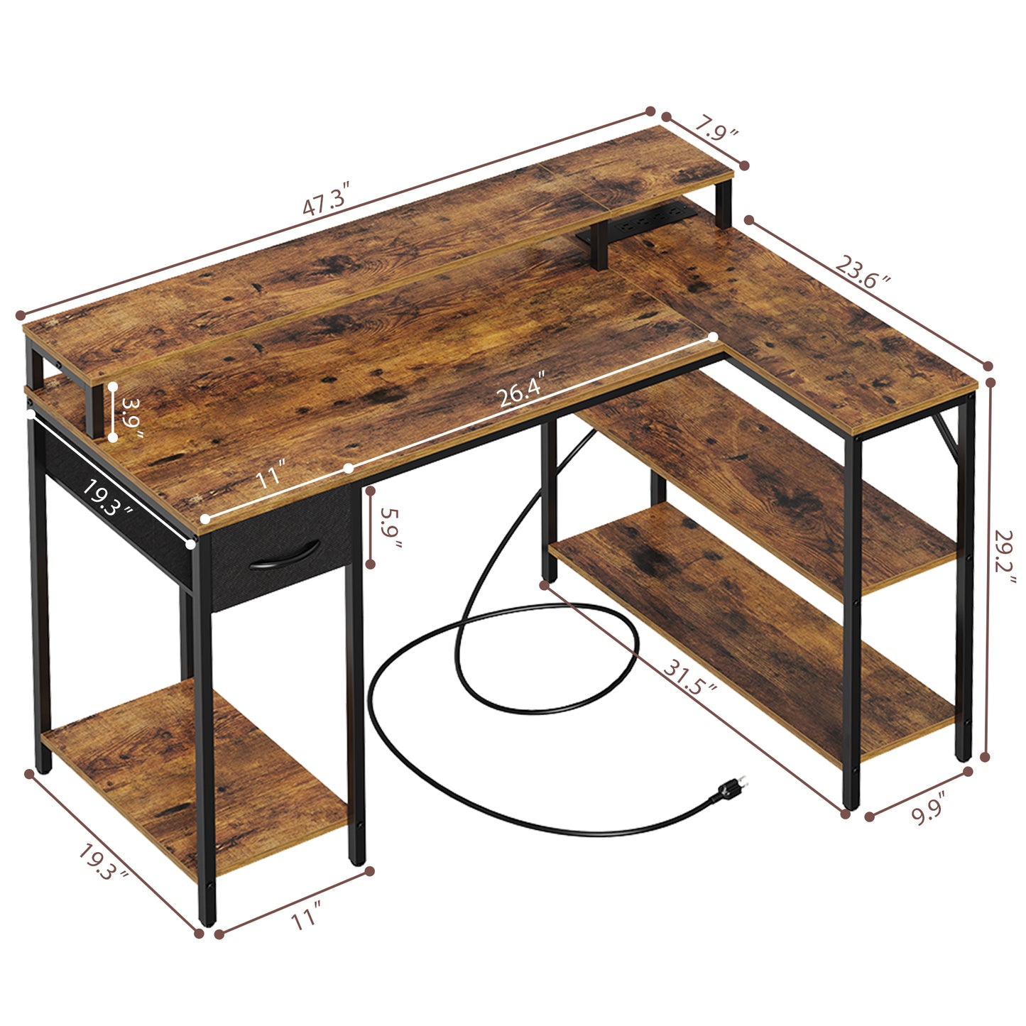SUPERJARE L Shaped Computer Desk with Power Outlets & LED Strips, Rustic Brown, 7935ZC