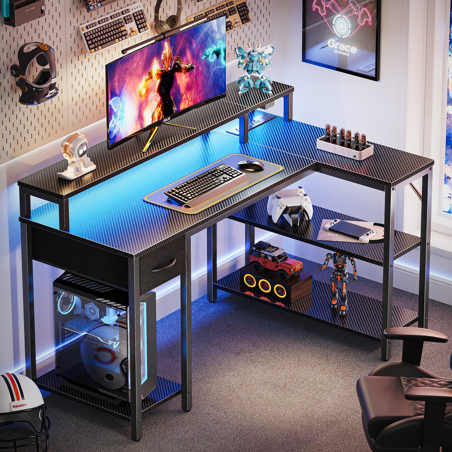 SUPERJARE 47 inch Reversible L Shaped Desk with LED Lights & Power Outlets, Computer Desk with Shelves & Monitor Stand, Gaming Desk with Drawer, Home Office Desk Corner Desk, Carbon Fiber Black