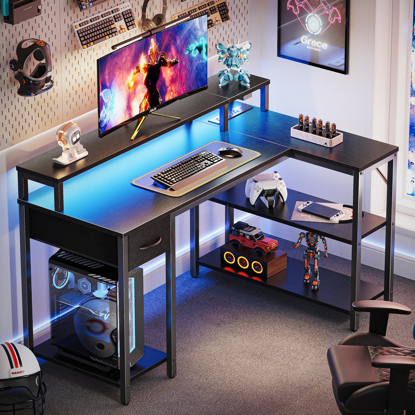 SUPERJARE 47 inch Reversible L Shaped Desk with LED Lights & Power Outlets, Computer Desk with Shelves & Monitor Stand, Gaming Desk with Drawer, Home Office Desk Corner Desk, Carbon Fiber Black