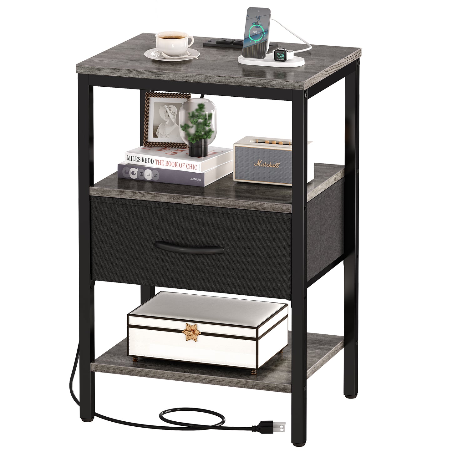 SUPERJARE Nightstand with Charging Station, Bed Side Table with Adjustable Fabric Drawer, Night Stand for Bedroom, 3-Tier Storage End Table, for Living Room, Charcoal Gray