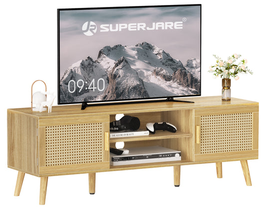 SUPERJARE Boho TV Stand for 55 Inch TV, Entertainment Center with Adjustable Shelf, Rattan TV Console with 2 Cabinets, Solid Wood Feet, 4 Cord Holes - Natural