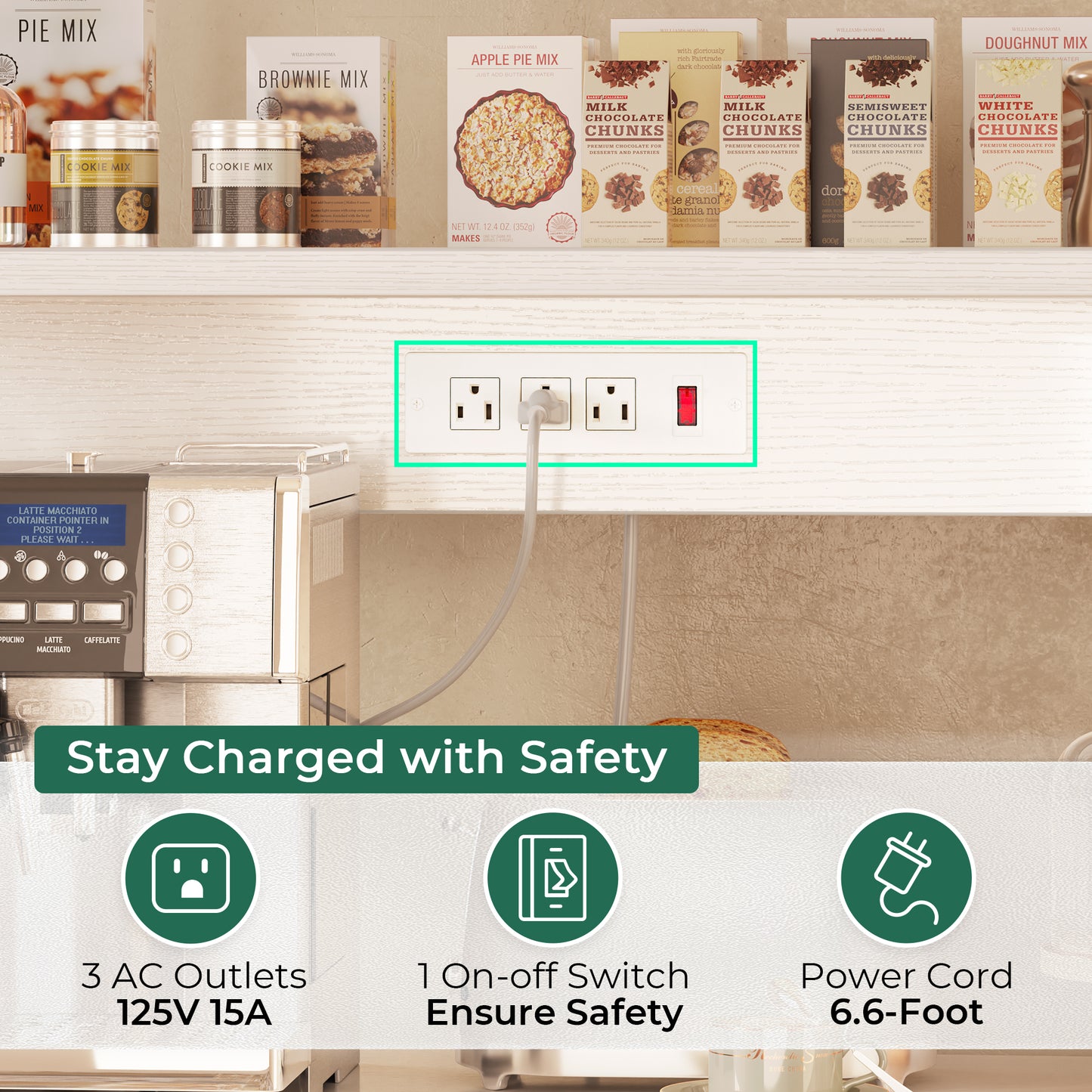 SUPERJARE Bakers Rack with Power Outlet, 35.4 Inches Coffee Bar with Wire Basket, Kitchen Microwave Stand with 6 S-Shaped Hooks, Open Storage Shelves, White