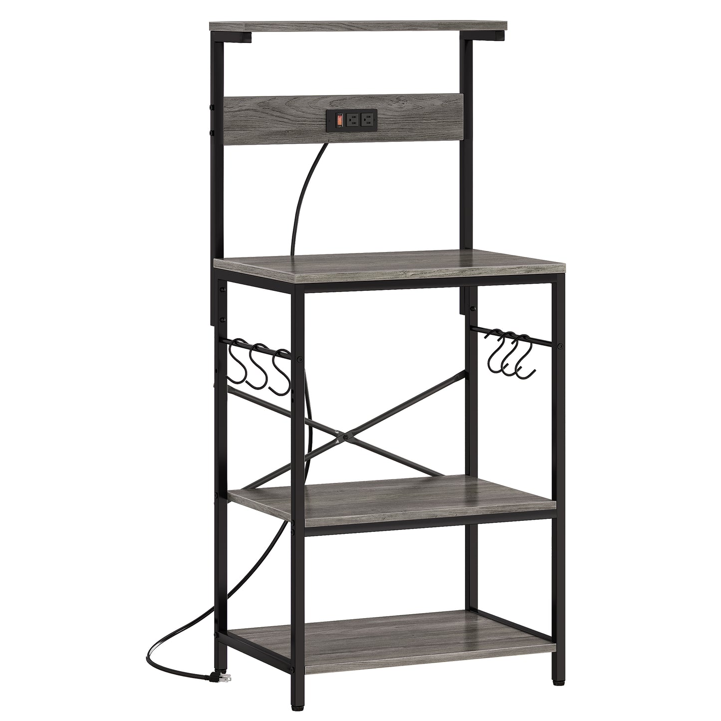 SUPERJARE Kitchen Bakers Rack with Power Outlet, Coffee Bar Table 4 Tiers, 6 S-shaped Hooks, Kitchen Storage Shelf Rack - Rustic Brown