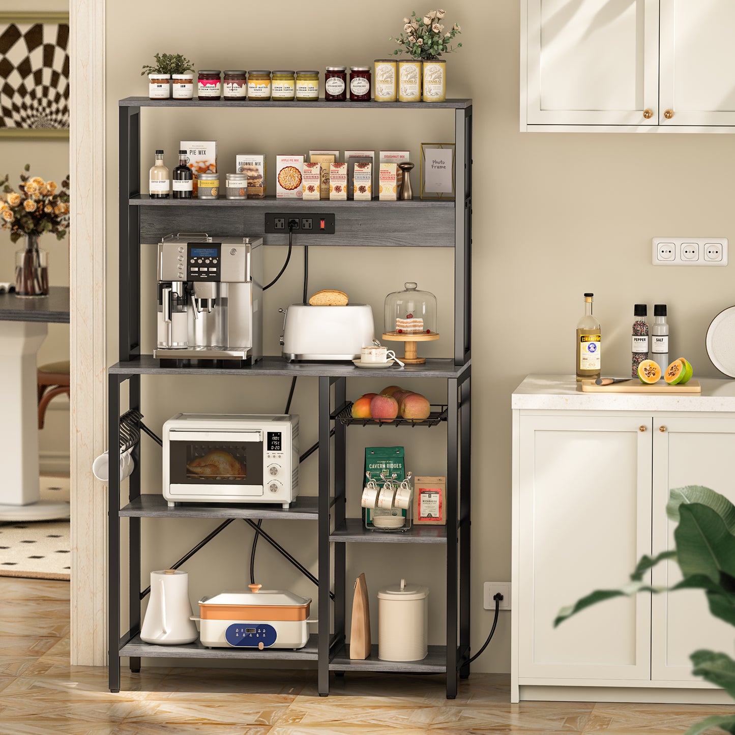 SUPERJARE Bakers Rack with Power Outlet, 35.4 Inches Coffee Bar with Wire Basket, Kitchen Microwave Stand with 6 S-Shaped Hooks, Open Storage Shelves, Gray