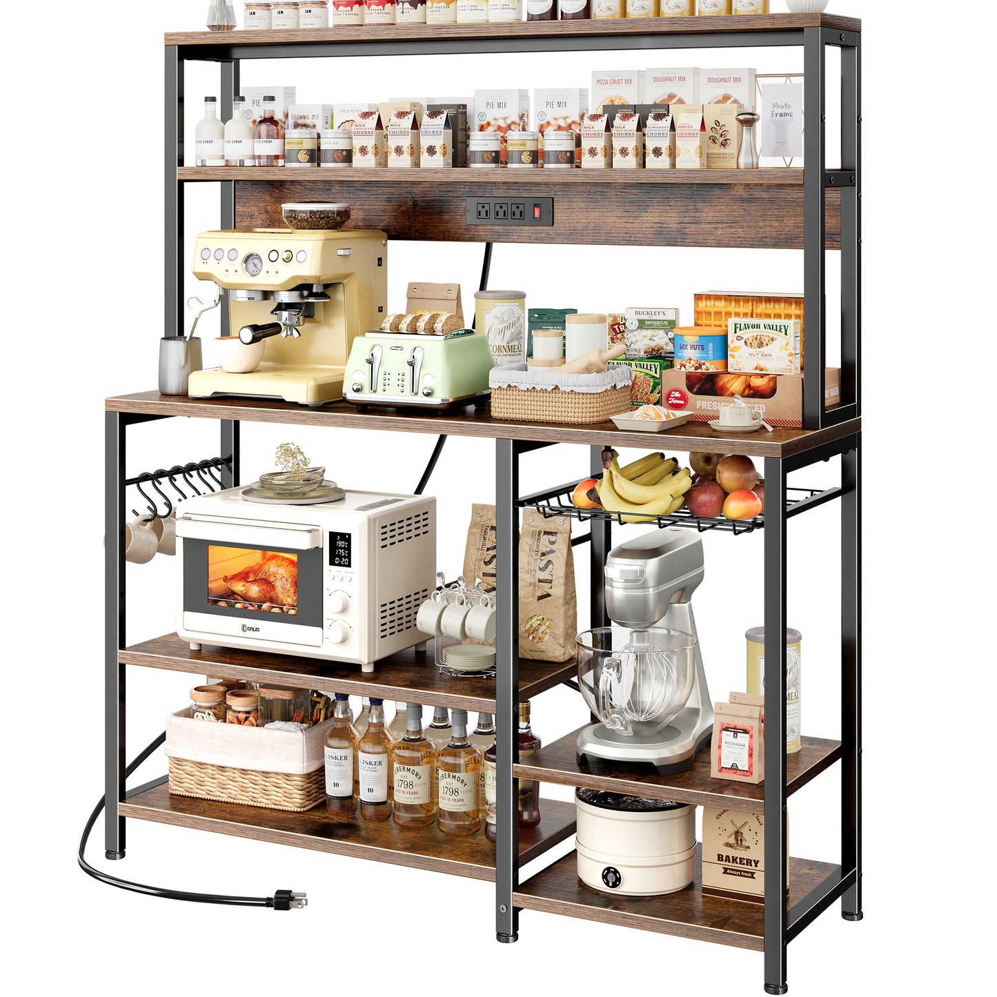 SUPERJARE Bakers Rack with Power Outlet, 47.2 Inches Coffee Bar with 3 Level-Adjustable Open Shelves, Wire Basket, Kitchen Microwave Stand with 6 S-Shaped Hooks, Rustic Brown