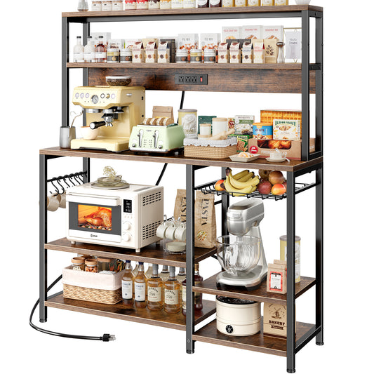 SUPERJARE Bakers Rack with Power Outlet, 47.2 Inches Coffee Bar with 3 Level-Adjustable Open Shelves, Wire Basket, Kitchen Microwave Stand with 6 S-Shaped Hooks, Rustic Brown