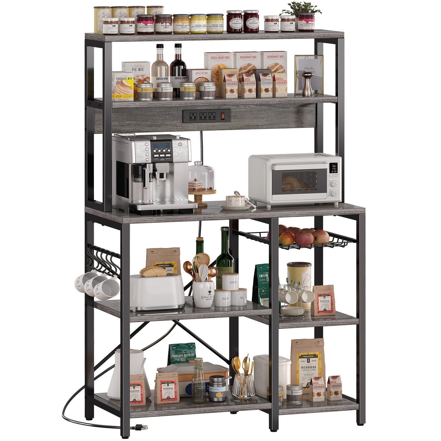 SUPERJARE Bakers Rack with Power Outlet, 35.4 Inches Coffee Bar with Wire Basket, Kitchen Microwave Stand with 6 S-Shaped Hooks, Open Storage Shelves, Gray