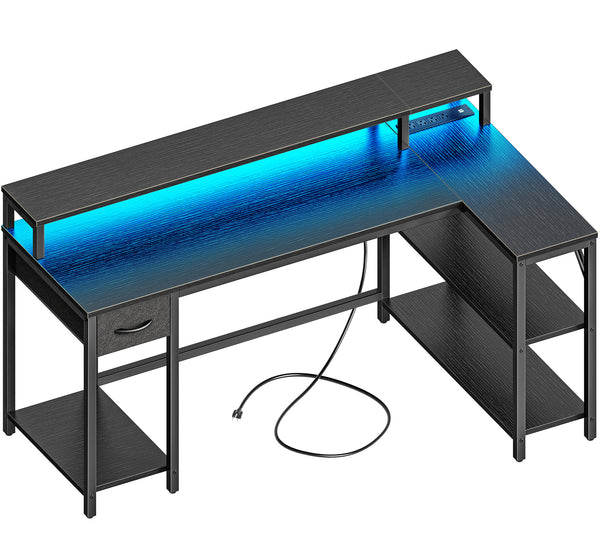 SUPERJARE 53 inch Reversible L Shaped Desk with LED Lights & Power Out