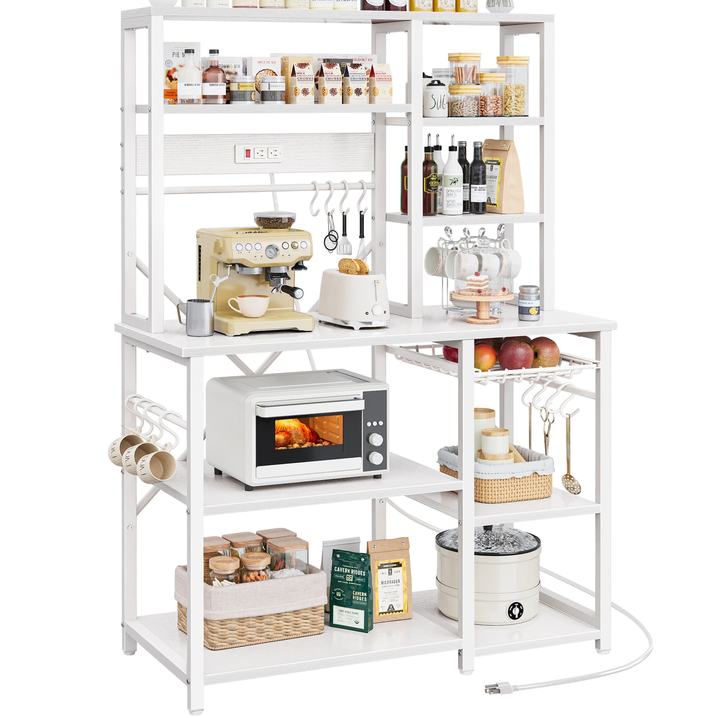 SUPERJARE Large Bakers Rack with Power Outlets, 6-Tier Microwave Stand, Coffee Bar with 12 S-Shaped Hooks, Kitchen Shelf with Wire Basket, 39.3 x 15.5 x 66.9 Inches, White