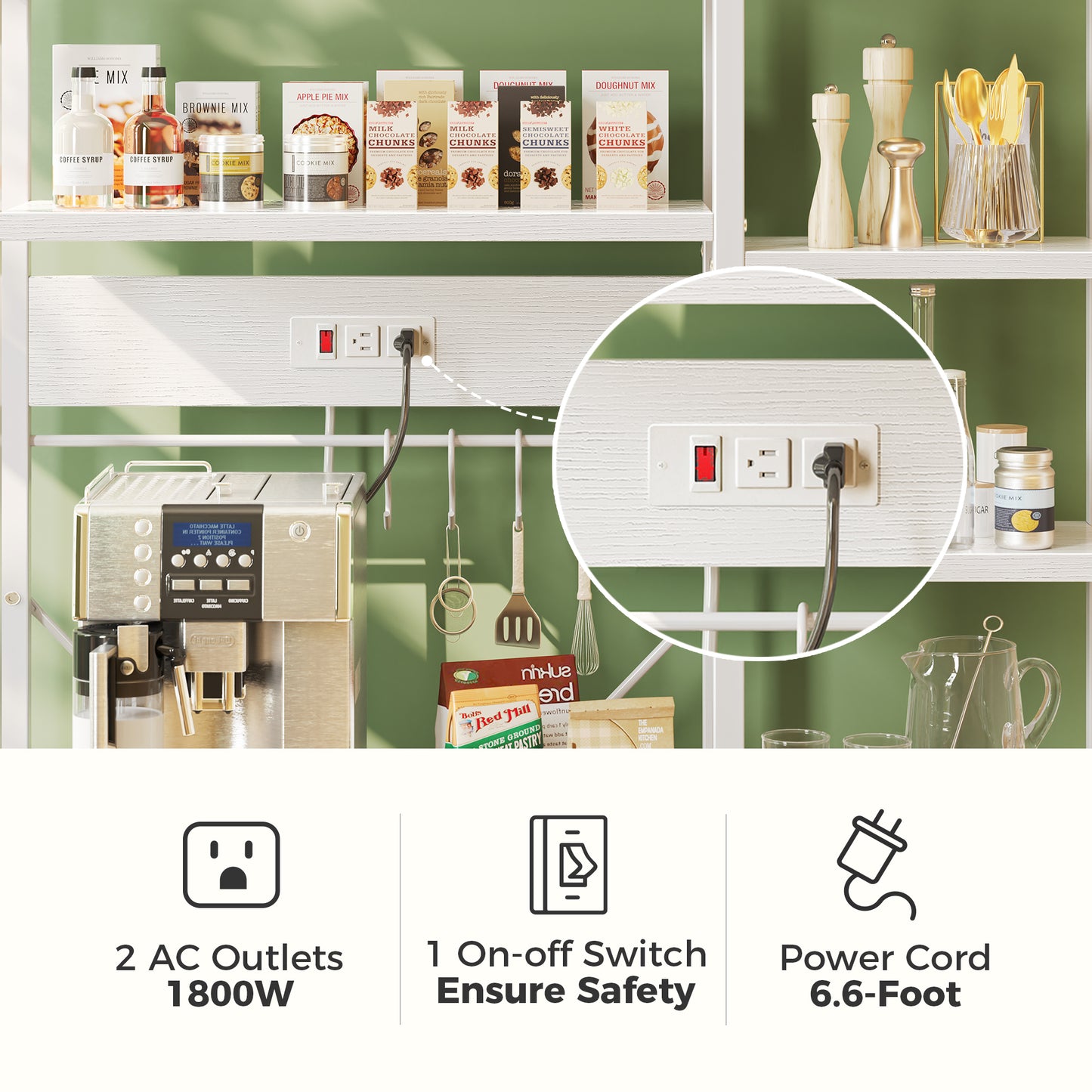 SUPERJARE Large Bakers Rack with Power Outlets, 6-Tier Microwave Stand, Coffee Bar with 12 S-Shaped Hooks, Kitchen Shelf with Wire Basket, 39.3 x 15.5 x 66.9 Inches, White