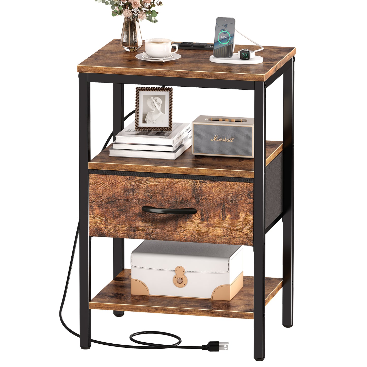 SUPERJARE Nightstand with Charging Station, Bed Side Table with Adjustable Fabric Drawer, Night Stand for Bedroom, 3-Tier Storage End Table, for Living Room, Rustic Brown