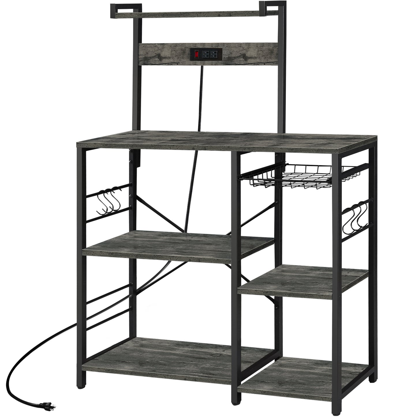 SUPERJARE Bakers Rack with Power Outlet, Microwave Stand, Coffee Bar with Wire Basket, Kitchen Storage Rack with 6 S-Hooks, Charcoal Gray
