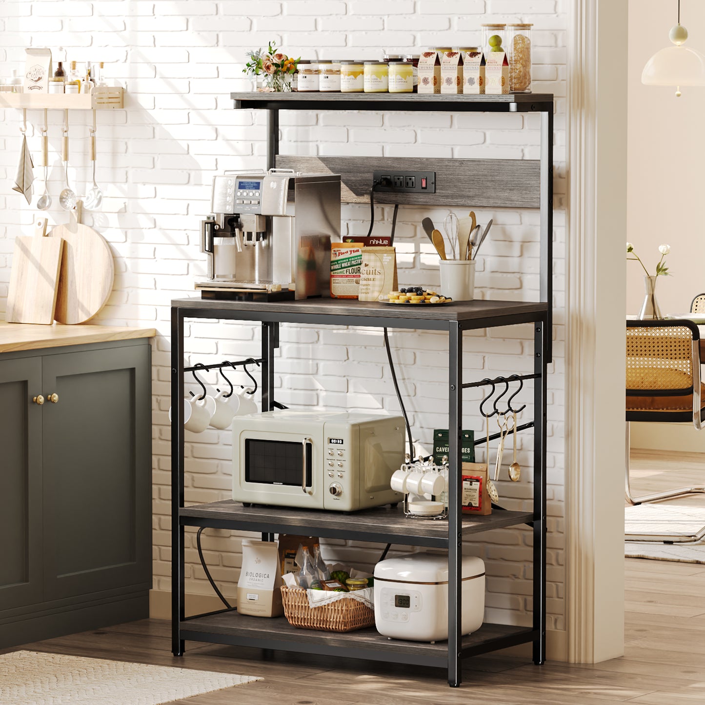 SUPERJARE Bakers Rack with Power Outlets, Microwave Stand, 31.5 X 16.5 Inch Larger Desktop, Kitchen Storage Rack with Adjustable Middle Shelf, 6 S-Shaped Hooks, Coffee Bar Stand, Grey