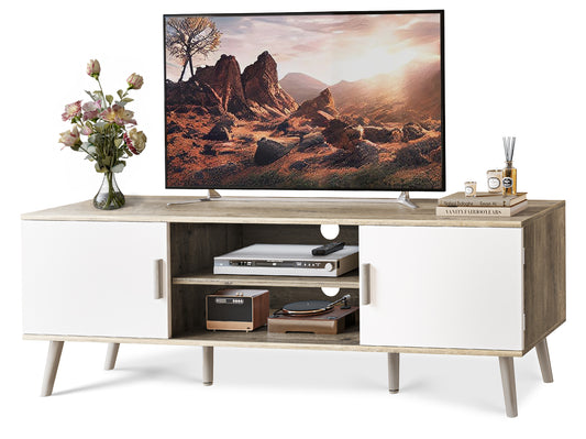 SUPERJARE TV Stand for 55 Inch TV, Entertainment Center with Adjustable Shelf, 2 Cabinets, TV Console Table, Media Console, Solid Wood Feet, Cord Holes, Gray and White