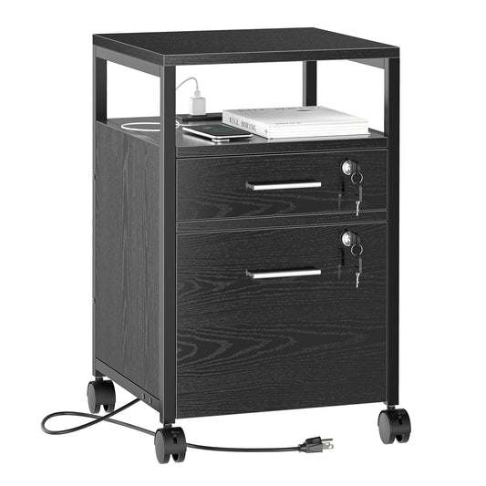 SUPERJARE File Cabinet with Lock & Charging Station, Black 7301BC