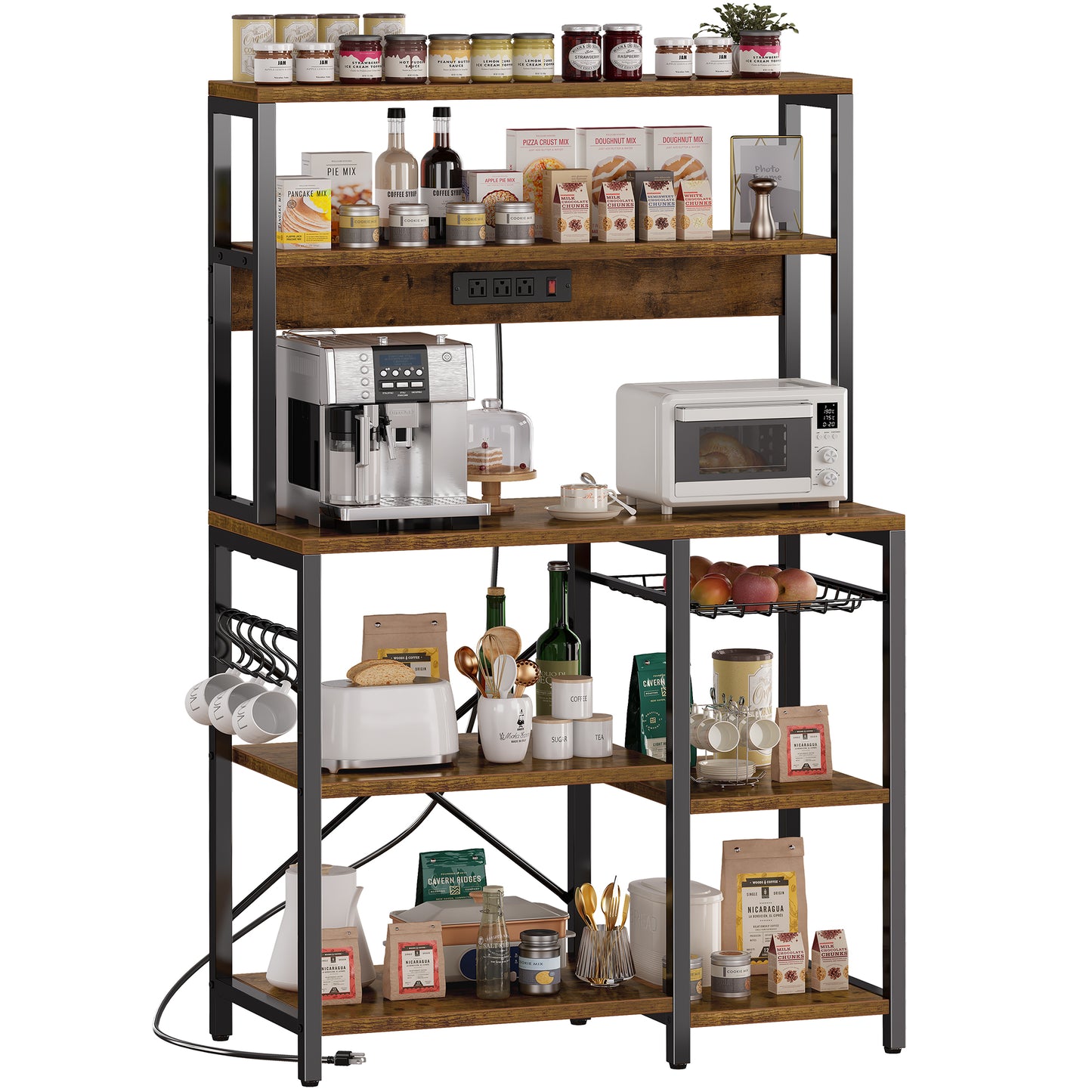 SUPERJARE Bakers Rack with Power Outlet, 35.4 Inches Coffee Bar with Wire Basket, Kitchen Microwave Stand with 6 S-Shaped Hooks, Open Storage Shelves, Rustic Brown