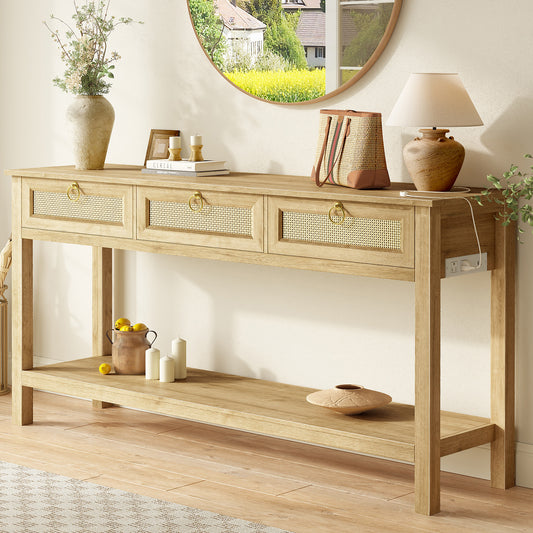 SUPERJARE Rattan Console Sofa Table with Outlets and USB-C Port, 3 Drawer Entryway Table with Synthetic Rattan Surface, 53.9 Inch, Open Shelf, Behind Couch Entry Foyer Hallway Storage, Natural