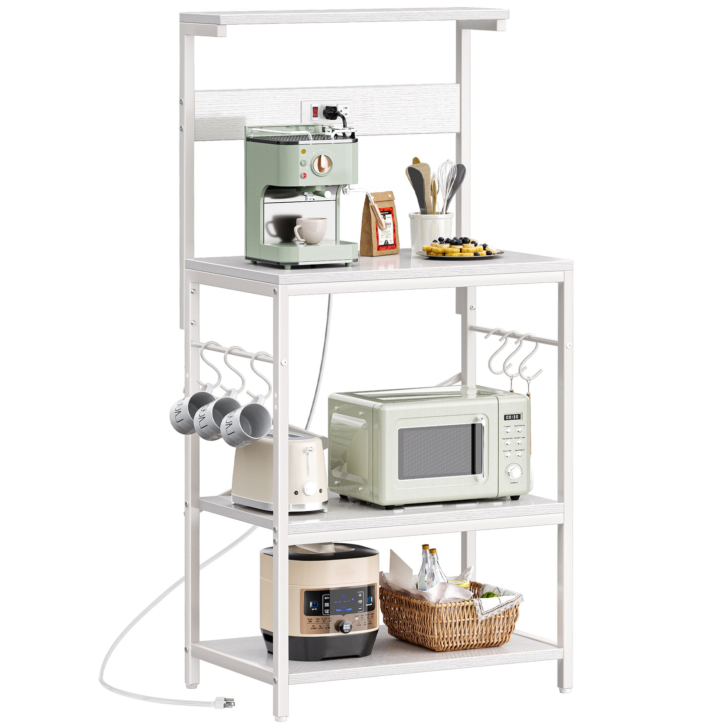 SUPERJARE Kitchen Bakers Rack with Power Outlet, Coffee Bar Table 4 Tiers, Kitchen Microwave Stand with 6 S-Shaped Hooks, Kitchen Storage Shelf Rack for Spices, Pots and Pans - White