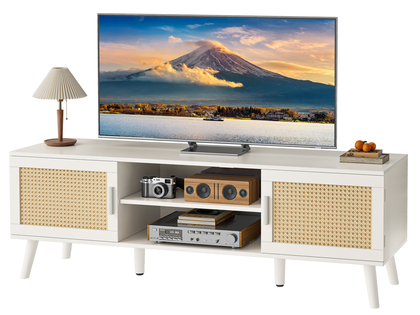 SUPERJARE 55 Inch TV Stand, Entertainment Center with Adjustable Shelf, Rattan TV Console with 2 Cabinets, Media Console, Solid Wood Feet, 4 Cord Holes, for Living Room, White