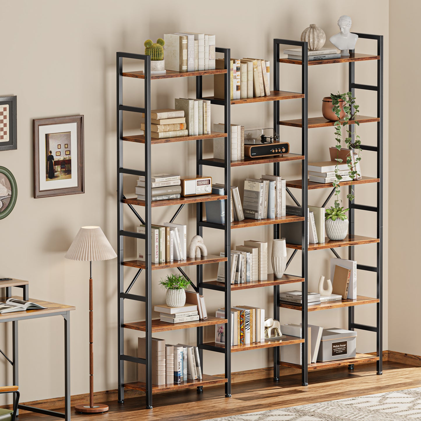SUPERJARE Triple 6 Tier Bookshelf, Bookcase with 17 Open Display Shelves, Wide Book Shelf Book Case for Home & Office, Rustic Brown