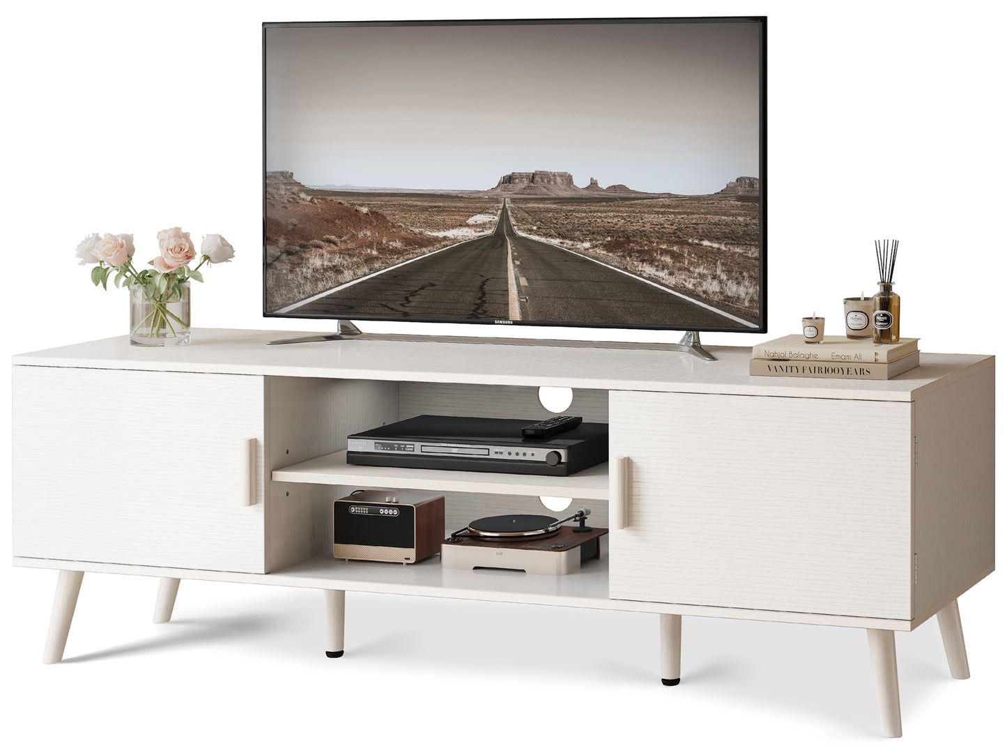 SUPERJARE 65 Inch TV Stand, Entertainment Center with Adjustable Shelf, Rattan TV Console with 2 Cabinets, Media Console, Solid Wood Feet, 4 Cord Holes, for Living Room, White