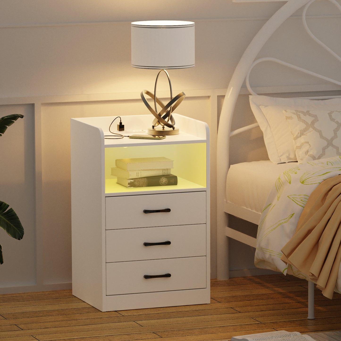 SUPERJARE Nightstand with Charging Station and LED Light Strips, Night Stand with Drawers, End Table with USB Ports and Outlets, White