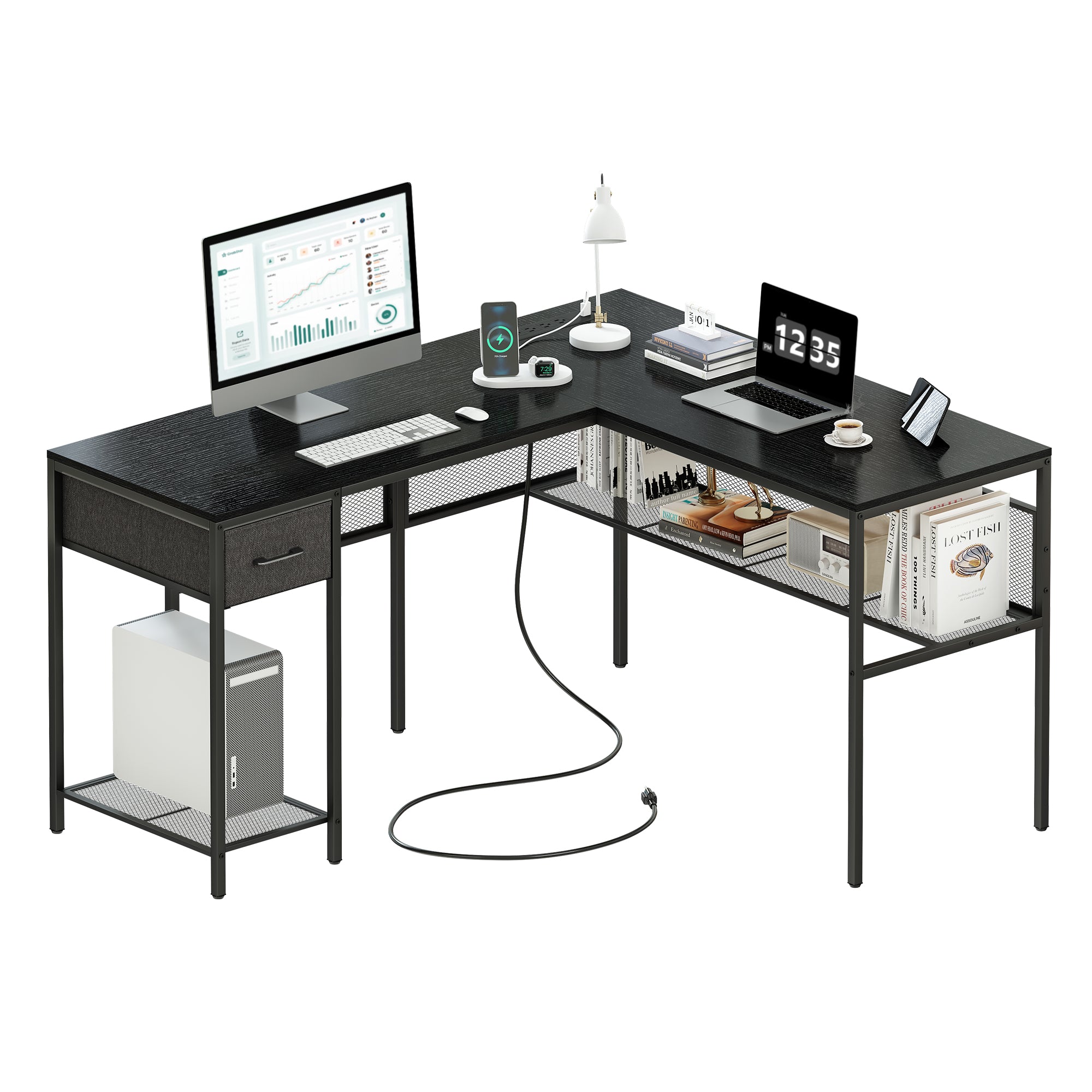 SUPERJARE L Shaped Desk with Power Outlets, Computer Desk with Drawer,  Reversible Corner Desk with Grid Storage Bookshelf, Home Office Desk, Black