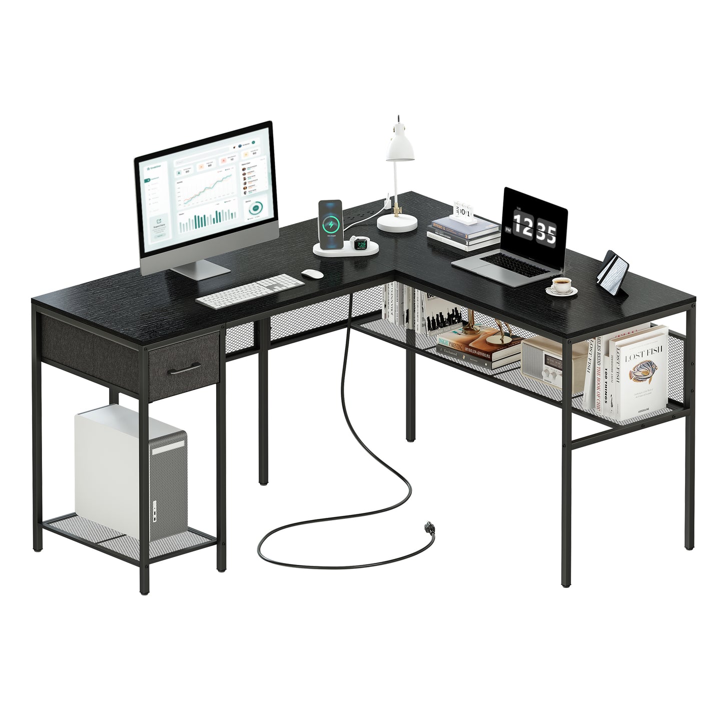 SUPERJARE L Shaped Desk with Power Outlets, Computer Desk with Drawer, Reversible Corner Desk with Grid Storage Bookshelf, Home Office Desk, Black