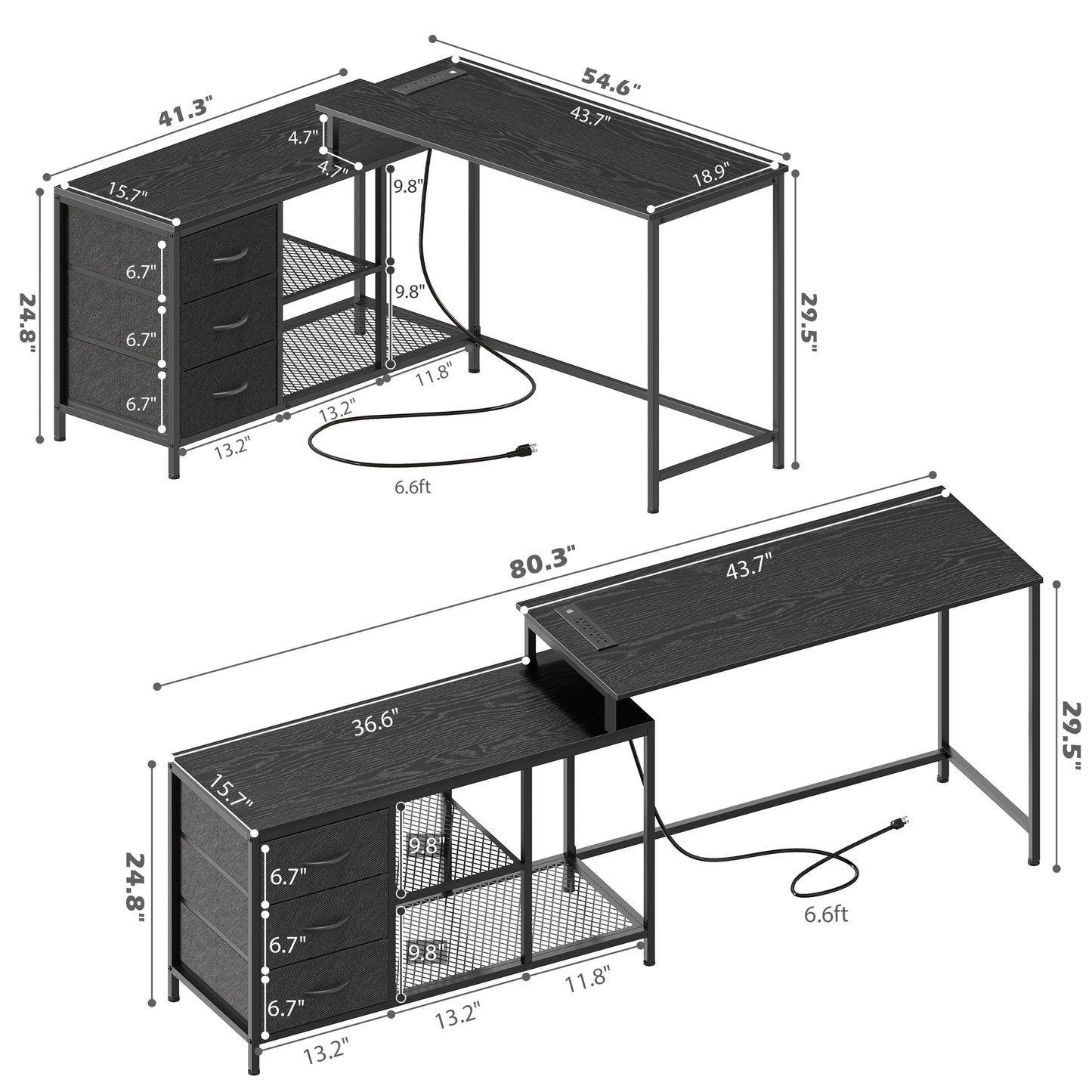 SUPERJARE L Shaped Desk with Power Outlets, Drawers & Shelves, Black, 7944BC