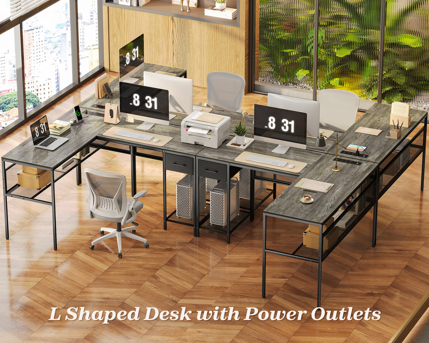 SUPERJARE L Shaped Desk with Power Outlets, Computer Desk with Drawer, Reversible Corner Desk with Grid Storage Bookshelf, Home Office Desk, Gray