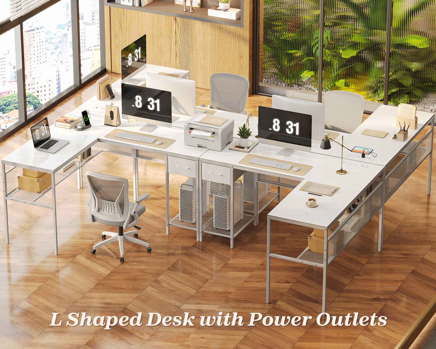 SUPERJARE L Shaped Desk with Power Outlets, Computer Desk with Drawer, Reversible Corner Desk with Grid Storage Bookshelf, Home Office Desk, White