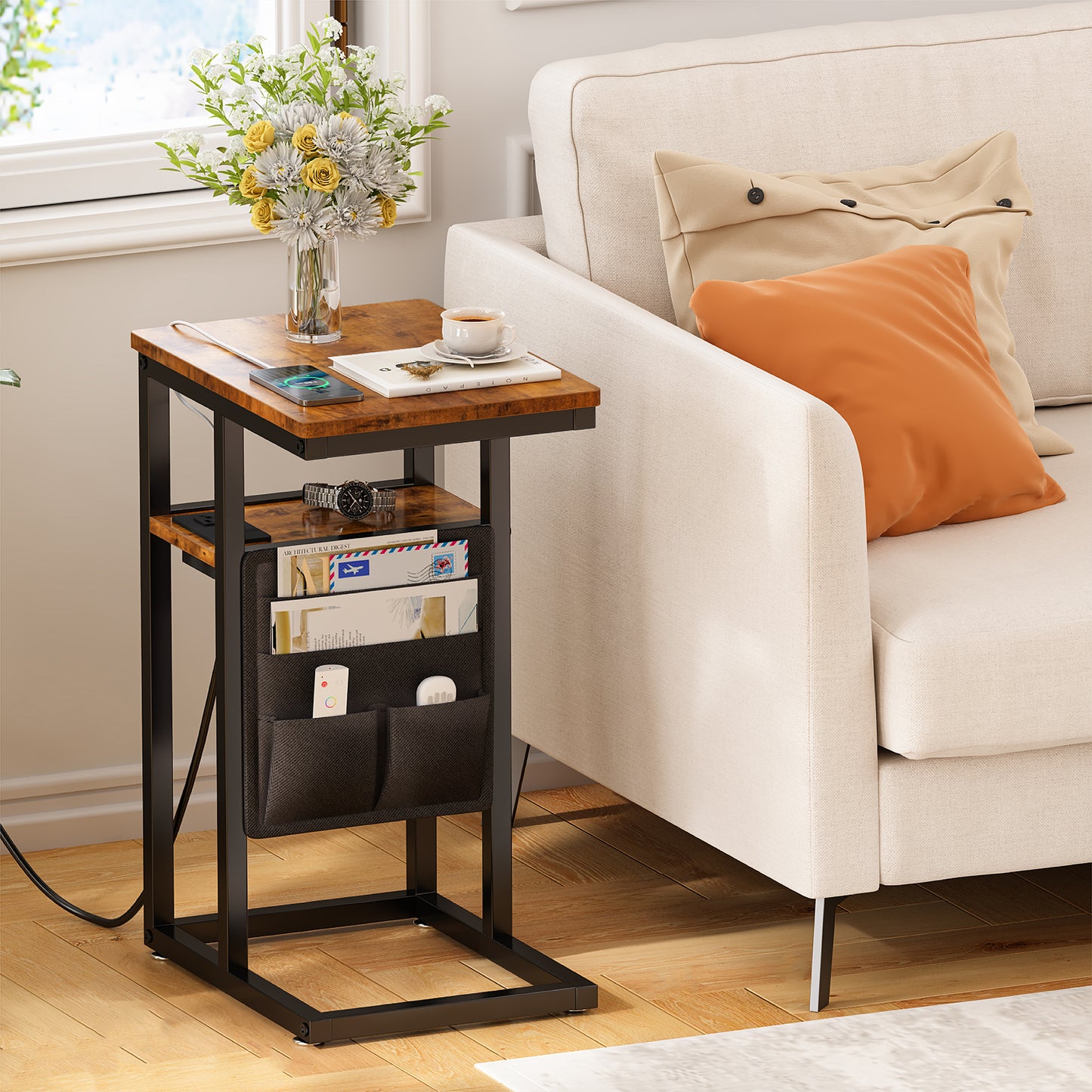 SUPERJARE C Shaped End Table with Charging Station, Side Table with Storage Bag, Couch Table, C Table with USB Port and Outlet, for Living Room, Bed Room, Rustic Brown