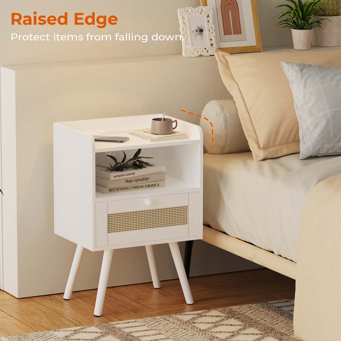 SUPERJARE Nightstands with Charging Station, Bedside Table Set of 2 with PE Rattan Drawers, Rattan Side Table with Storage & Solid Wood Feet, White