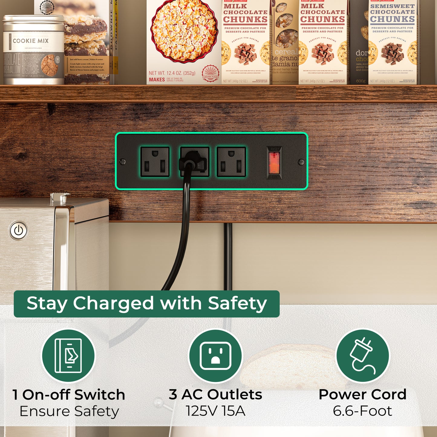 SUPERJARE Bakers Rack with Power Outlet, 47.2 Inches Coffee Bar with 3 Level-Adjustable Open Shelves, Wire Basket, Kitchen Microwave Stand with 6 S-Shaped Hooks, Rustic Brown